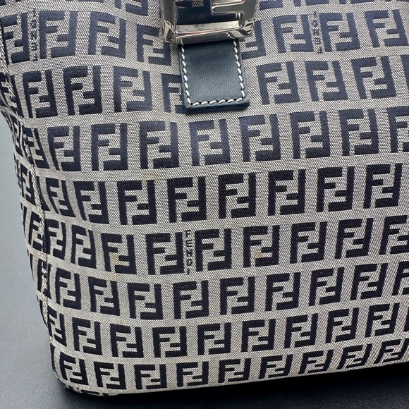FENDI Vintage Zucchino  Navy Leather & Grey Canvas Tote Bag - Picture 3 of 17